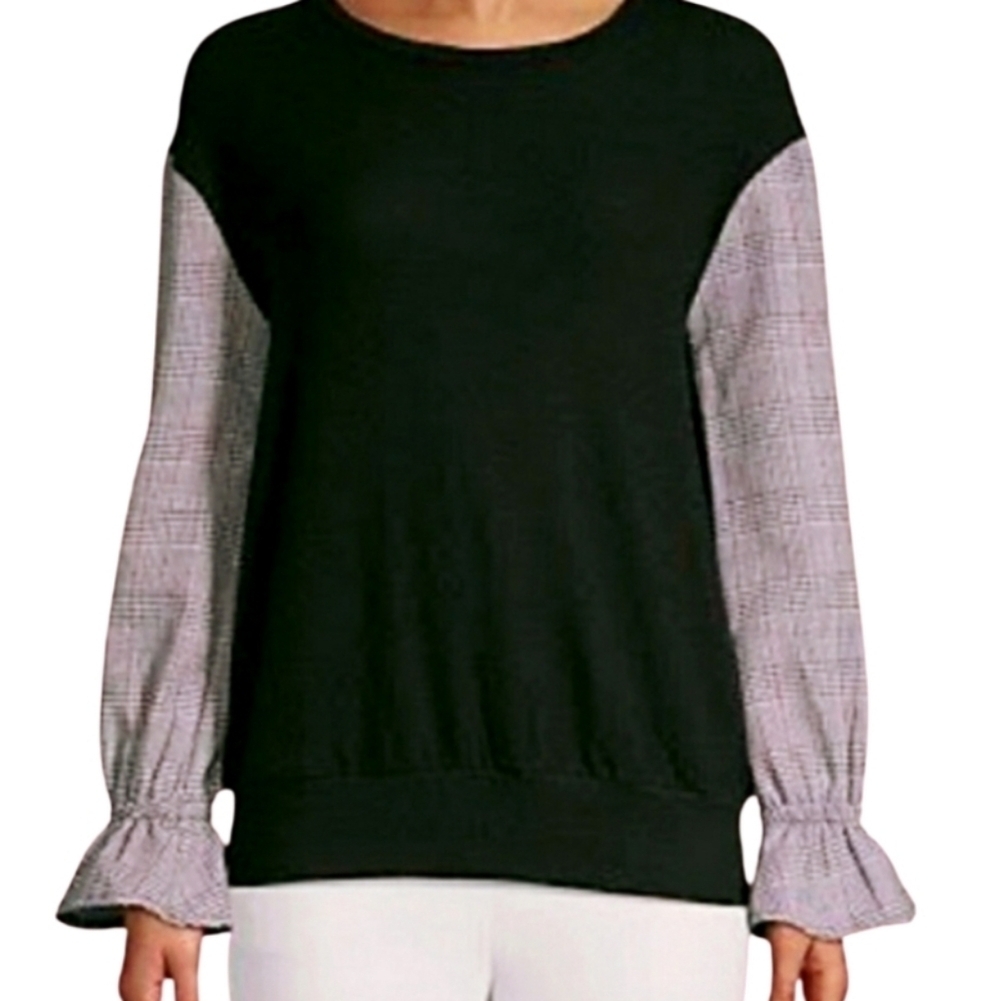 NEW! DESIGN LAB Black Sweater Plaid Long Sleeve Ruffle Cuff Sweater Medium.